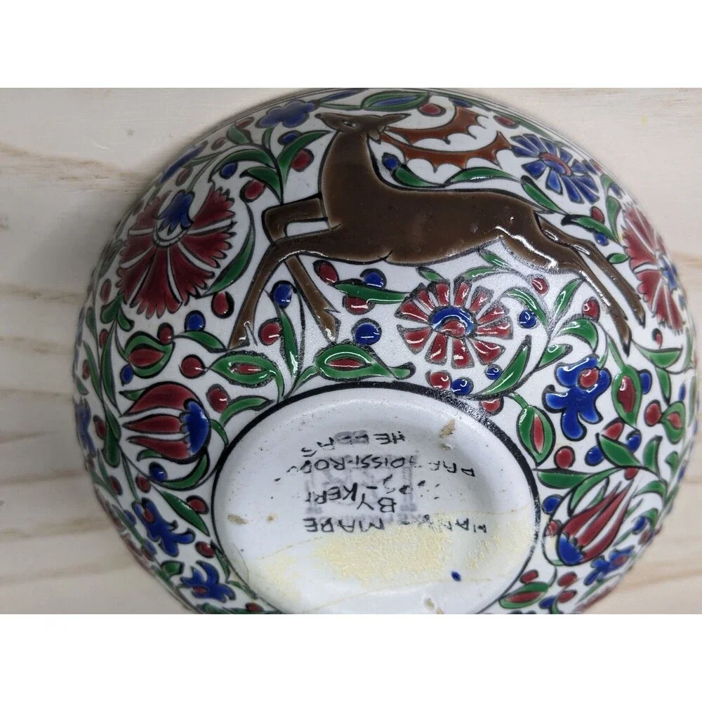 Hand painted Signed Small Turkish Bowl Red Green Floral Deer Trinkets Jewelry